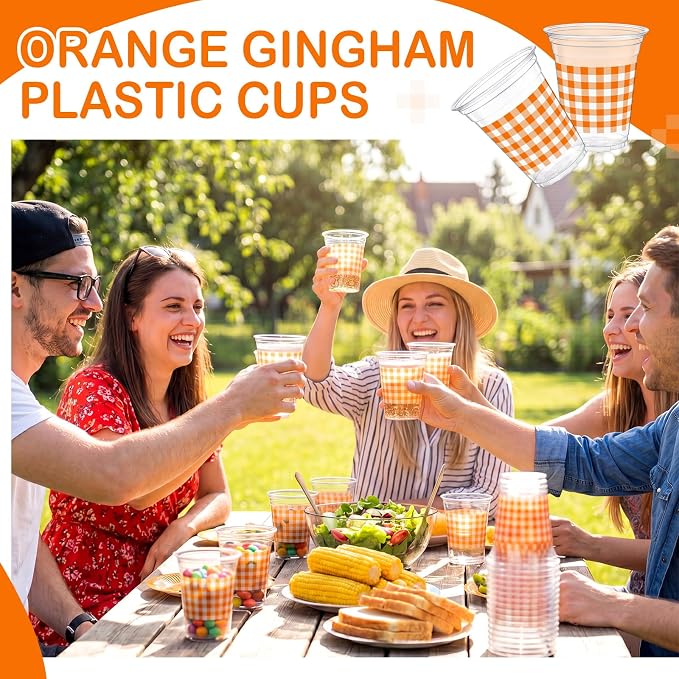Qinyoung Checkered Plastic Cups 12oz Gingham Party Disposable Cups Bulk Drinking Cup for Cold Drinks Baby Shower Wedding Summer Birthday Party Supplies(Orange and White,50 Pcs)
