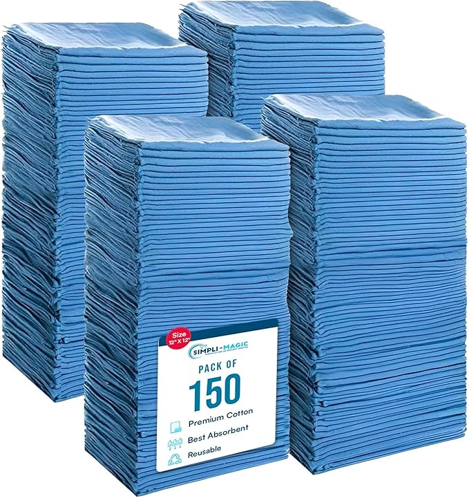 Simpli-Magic Cotton Shop Towels 14"x12" (150 Pack) – Reusable Cleaning Shop Rags for Automobiles, Industries, Garage and Homes (Blue)