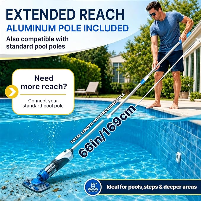 Cordless Pool Spa Vacuum Cleaner Rechargeable Handheld Pool Vacuum with 60-Min Runtime Dual Filtration 3 Cleaning Heads Telescopic Pole for Sand Leaves Hot Tubs Above Ground & Small Pools