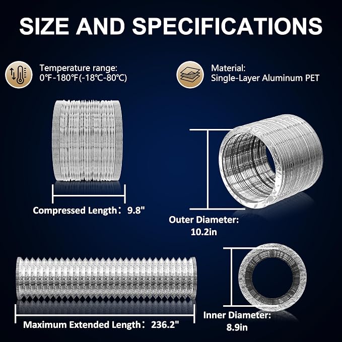 Dryer Vent Hose 10 Inch 19.5FT Aluminum Foil Flexible Ducting, Heavy-Duty HVAC Ventilation Duct for Kitchen Exhaust, Grow Tent, Bathroom Ventilation