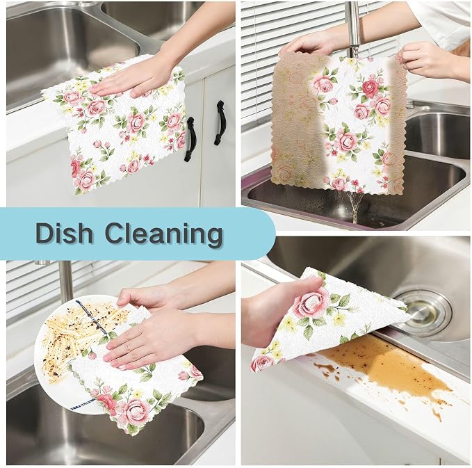 senya Kitchen Dishcloths, Pink Rose Flower Floral Cloth Dish Towels 6 Pack Super Absorbent Dishtowels Reusable Cleaning Cloths