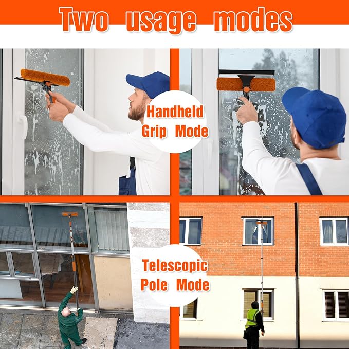 Window Squeegee Kit with Extension Pole, 2-in-1 Professional Washer for High Windows, 3-12FT Adjustable Reach, Rotatable Head for Indoor & Outdoor Use, Streak-Free Cleaning Tool for Home