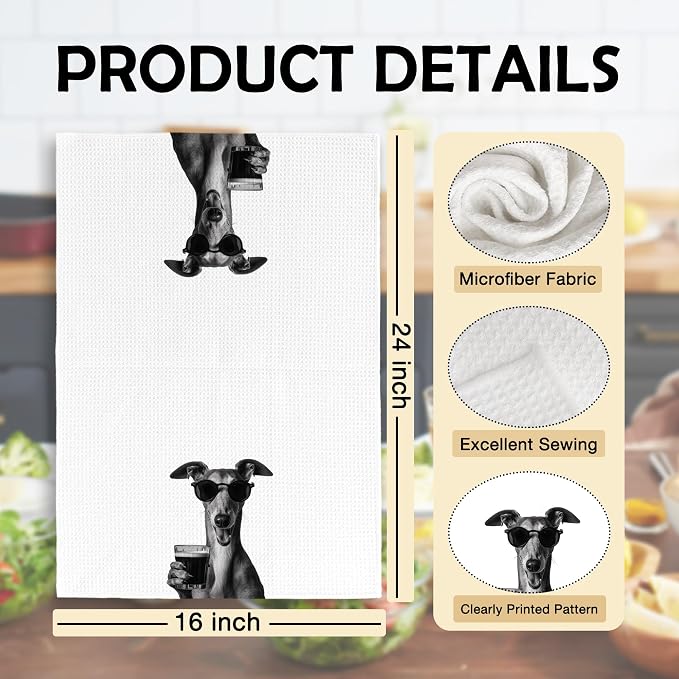 Funny Whippet Beer Kitchen Towels, Gifts for Dog Wine Lovers, Bar Accessories Dish Tea Towels for Kitchen, Dog Owners Housewarming Gift Decorative Hand Towel 16x24 Inch