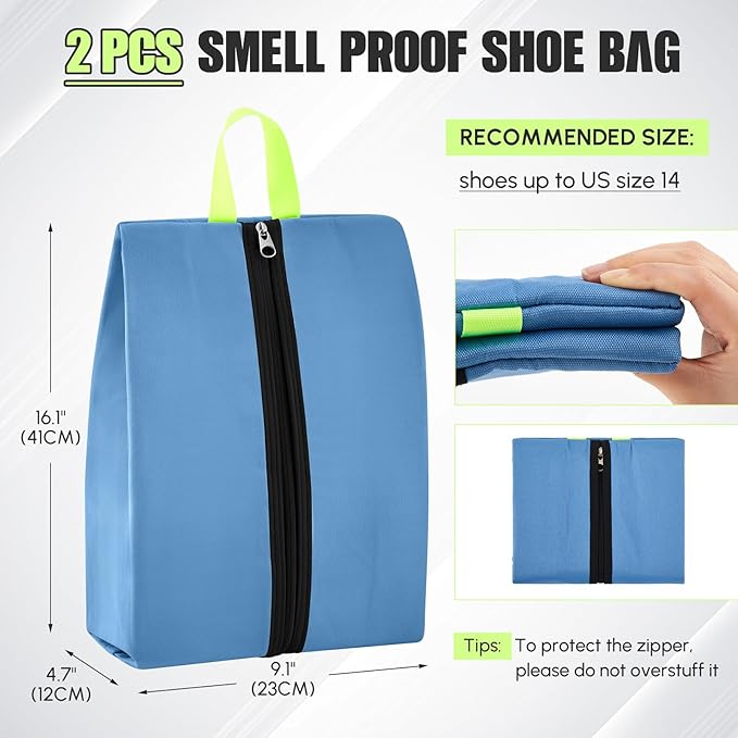2 Pcs 2 Pack 4 Layer Smell Proof Cleat Bag Fits up to Size 14, Odor & Mud Resistant Cleat Storage, Waterproof, Fits Soccer, Football, Baseball & Golf Shoes (Gray,Blue)
