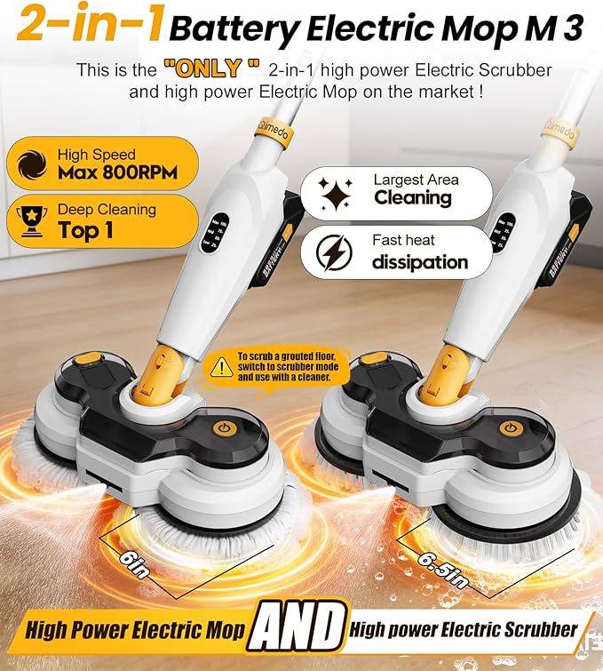 Qimedo Battery Electric Mop, Cordless Electric Scrubber & Mops for Floor Cleaning, Best Automatic Spin Mops with Smart Display,Rotating Mop with LED Light & Water Spray