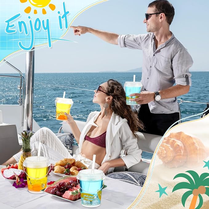 Funnymoom 30 Set 34 oz Clear Drink Buckets with Lids and Straws, Disposable Plastic Rum Cocktail Pails with Handles Large Smoothie Cups for Adult Bachelorette Party Supplies Beach & Catering Events