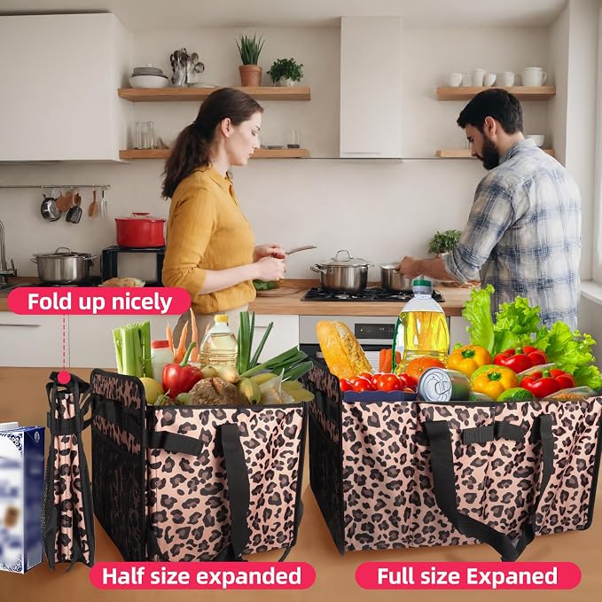 Reusable Grocery Bags Foldable Extra Large Utility Tote Bag with Wire Frame Heavy Duty Shopping Bags with Handles for Groceries Sturdy Grocery Totes with Pockets for Car Trunk Storage Laundry