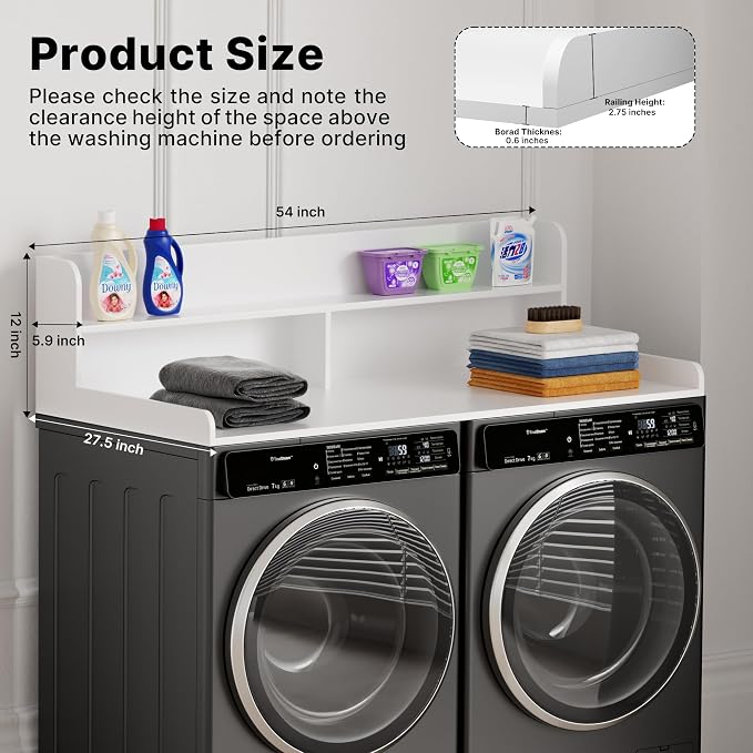 Washer Dryer Countertop with Non-Slip Pads, 2.75" H Guard, 54" W x 27.5" D Wood Laundry Countertop Cover, Large Space Washer Dryer Topper for Laundry Room Organization(White)