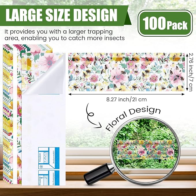 100 Pack Window Fly Traps Floral Fly Strips Indoor Sticky Flies Paper Bulk Bug Catcher Waterproof Fruit Housefly Gnat Trap for Home, Kitchen, Garage