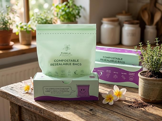 100% Compostable Resealable Food Storage Bags (50 Eco Zip), Biobased, Leak-Proof and Freezer-Safe, Extra Strong & Durable, (Quart Size) | Biobased, Leak-Proof, Durable, Freezer-Safe, Extra Strong