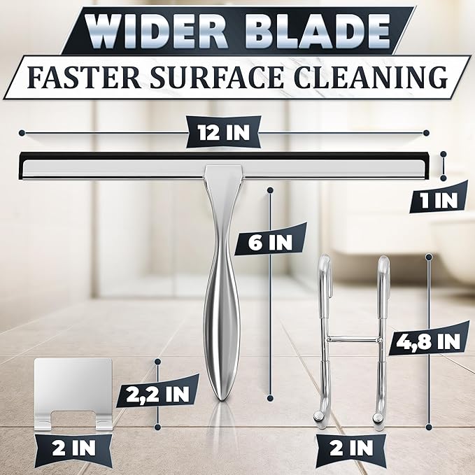 Shower Door Squeegee with Hook - 12" Silicone Blade, Stainless Steel Squeegee for Shower Glass with Adhesive Mount - All-Purpose Bathroom Tile, Mirror, & Window Wiper for Streak-Free Cleaning (Silver)