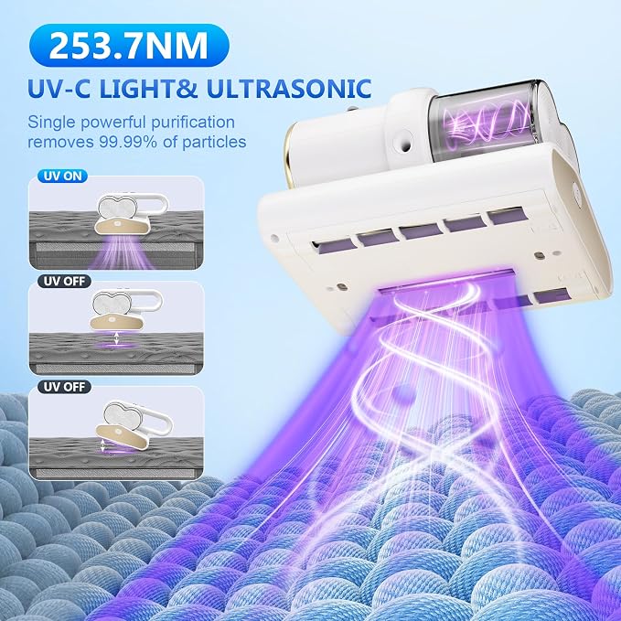 Mattress Vacuum Cleaner, 16KPa Suction, 14000RPM Tapping, 253.7nm UV-C Dual Optical Sensors, 400W Bed & Couch Vacuum, Dual Brushroll, Smart Dust Sensor, HEPA Filtration for Sofa Crib Carpet