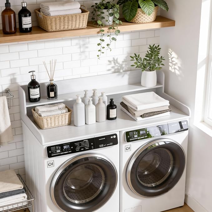 Piskyet Washer Dryer Countertop,2- Tier Laundry Countertop with Edge Rails,27.5" Depth x 54" Wood Countertop,Laundry Machine Topper for Laundry Room Organization and Storage(White)