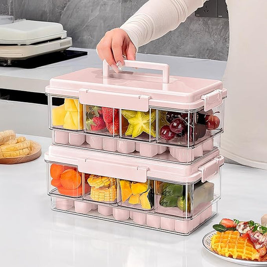 2Pack Chilled Condiment Caddy with 4 Containers 4 Lids Fruit Serving Tray Platter with Handle Portable Snackle Box Organizer Server with Ice Pack for Mimosa Bar Supplies,Salad,Taco,Party Garnish,Pink