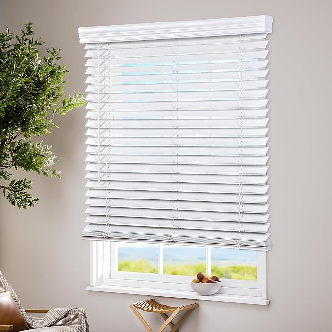 LazBlinds Cordless Faux Wood Blinds with Crown Valance, Room Darkening & Light Control, 2 Inch Horizontal Window Blinds, Blinds for Indoor Windows - 32" W x 72" H, White