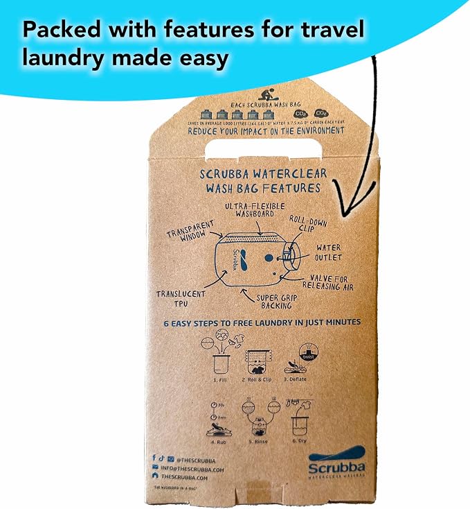 Scrubba WATERCLEAR Wash Bag - Patented Washboard-in-a-Bag™ Portable Manual Washing Machine for Travel, Camping, Backpacking & Cruise - Larger Water Inlet/Outlet for Easy Rinsing - (6.9 oz)