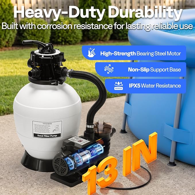 VIVOHOME Sand Filter Pump with 1/2 HP Motor, 2640 GPH w/Timer for in/Above Ground Pools up to 14,000 Gallons, 7-Way Valve with 55-Pound Sand Capacity