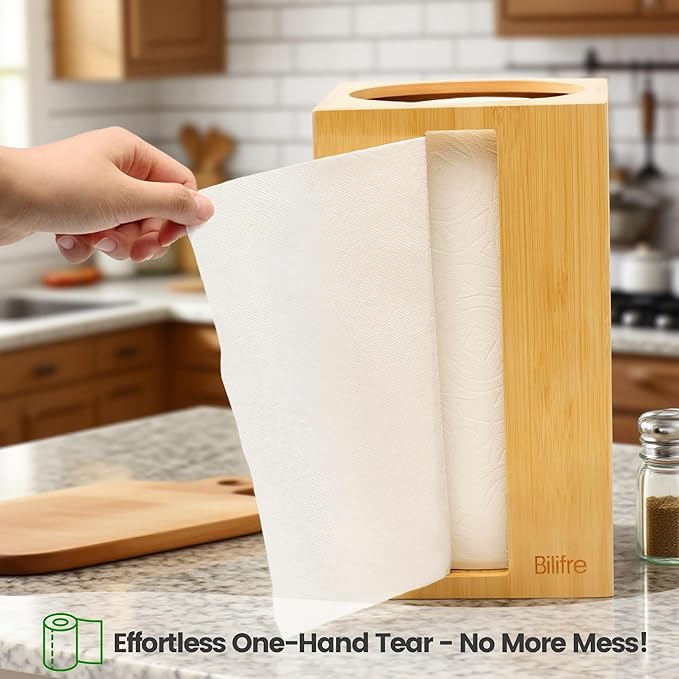 Bamboo Paper Towel Holder with Hooks – One-Hand Tear, Dustproof, No-Drill Adhesive & Wall Mount, Under Cabinet/Countertop Dispenser for Kitchen, Garage & Workshop | Fits Jumbo Roll