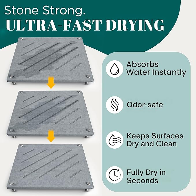 Stone Dish Drying Mat – Quick Dry Kitchen Counter Mat, 3-Piece Set, Diatomaceous Earth Water Absorbing Mats with Non-Slip Backing & Airflow Legs
