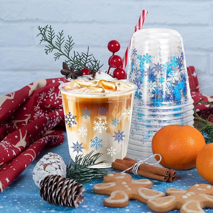 Whaline 50Pcs Christmas Plastic Cups 12 Oz Winter Snowflake Disposable Clear Stemless Wine Cocktail Glasses PET Drinkware Cups Set for Holiday Party Supplies