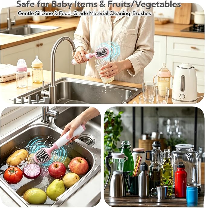 Electric Bottle Brush Set, 6-in-1 Electric Cleaning Brush with Waterproof Silicone Cleaner, 3 Replaceable Brush Heads, Straw Brush & Extension Rod, for Baby Feeding Accessories and Kitchen Utensils
