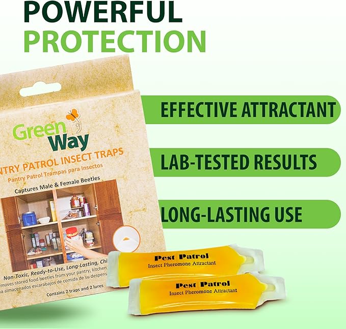 Greenway Pantry Patrol Traps, Non-Toxic Pantry Moth and Insect Control, Gel-Based for Flour Beetles, Grain Storage, and Kitchen Use, 2 Packs (Includes 4 Traps and 4 Lures)