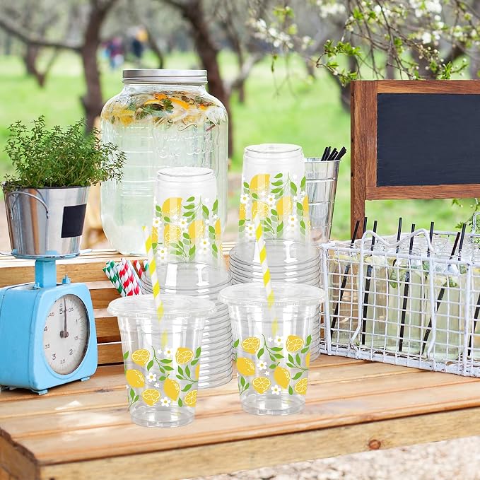 FYSUIMU 50Pcs 12Oz Lemon Floral Plastic Cup with Lid & Straw Yellow Green Flower Clear Disposable Drinking Cup for Summer Party Supplies