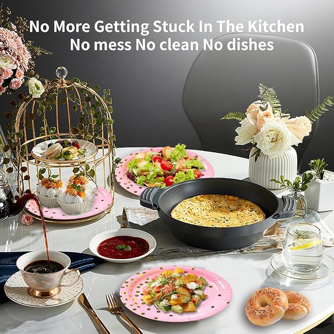 150 PCS Pink and Gold Paper Plates Napkins Forks Party Supplies Serves 50, Golden Dot Disposable Paper Dinnerware 9" Plates for Birthday, Bachelorette, Girl Birthday, Baby Shower