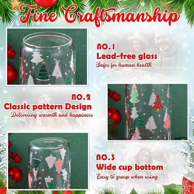 Sliner 2 Pcs Christmas Tree Glass Cups Summer Xmas Tumbler with Lid Straw Drinking Glasses 16 oz Iced Coffee Cup with Cleaning Brush Beer Can Tumbler Cute Holiday Gifts