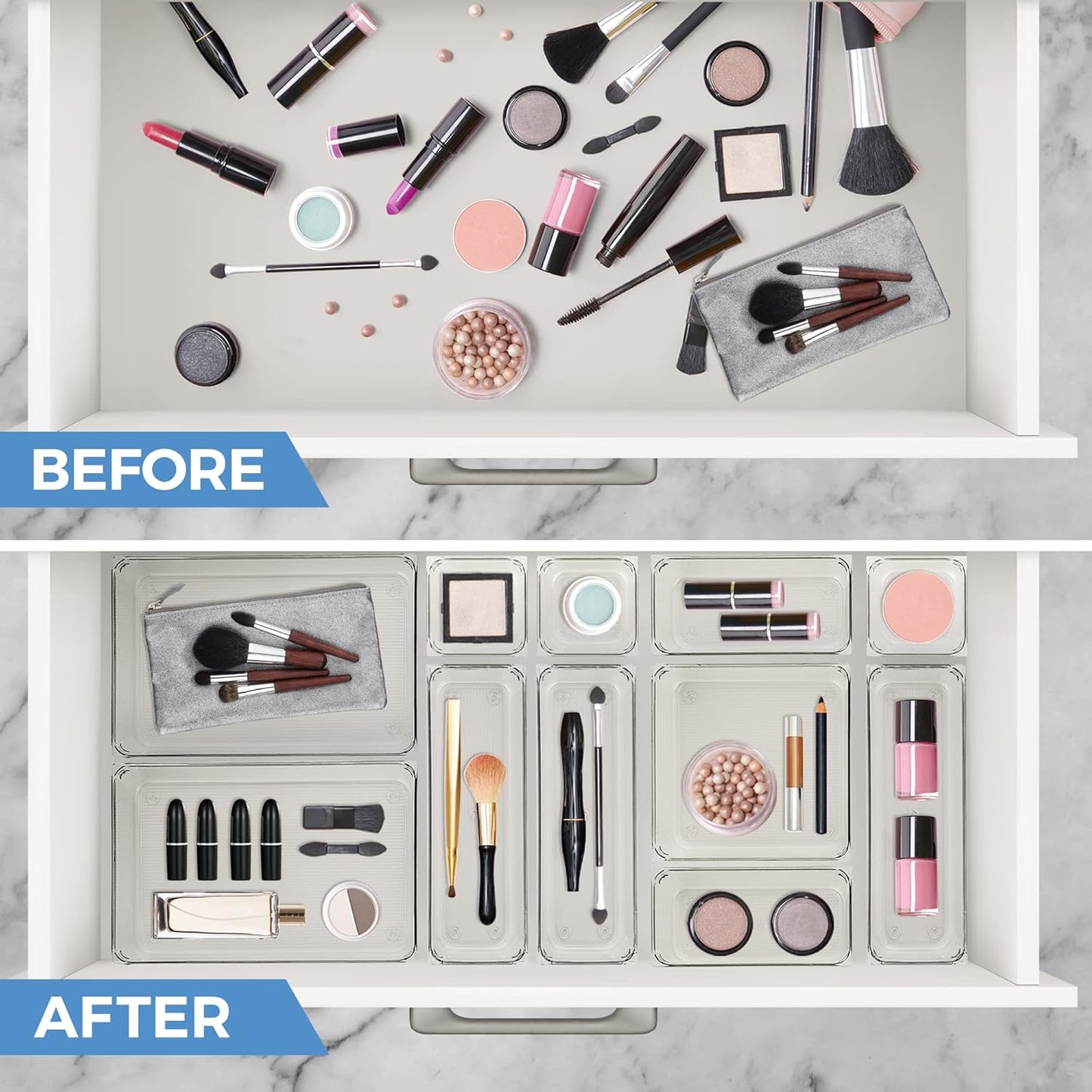 Ravinte 6 Pack Drawer Organizer - 6" X 6" Plastic Storage Bins, Acrylic Organizers with Non-Slip Pads Clear Desk Storage Tray for Makeup, Jewelries, Kitchen Utensils, Bathroom and Office