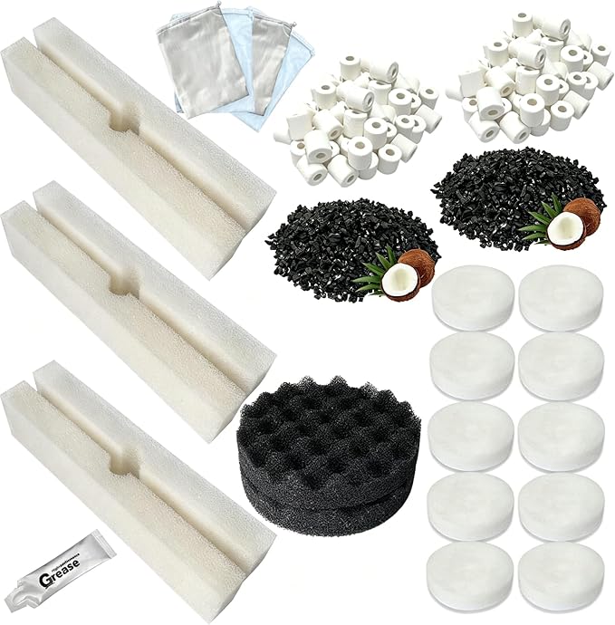 21 PCS Aquarium Media Filter Kits Replacement for Fluval FX4 / FX5 / FX6 Canister Filters, Including Bio-Foam Block, Carbon Sponge Filter, Ceramic Ring, Activated Carbon, Silicone Lubricant, Mesh Bag