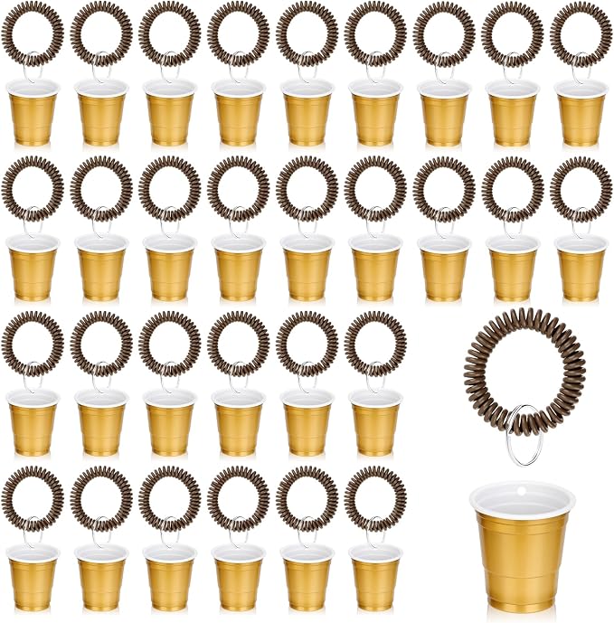 30 Pcs Gold Shot Cups with Wristband for Party 2oz Plastic Shot Glasses Disposable Mini Shot Glasses Bulk with Wrist Coil 2oz Solo Cups for Festival Birthday Favor Wedding Halloween Party Supplies