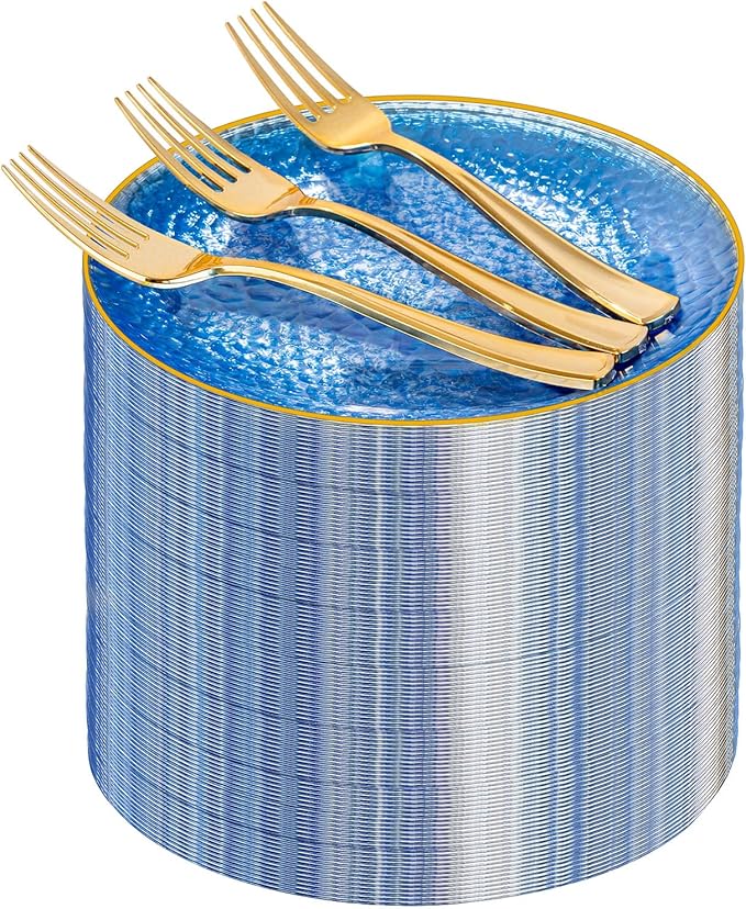 DaYammi 240Pcs Blue Dessert Plates Set Including 120Pcs Blue Cake Plates and 120Pcs Gold Forks,Hammered Party Plate,Gold Rim Appetizer plates Heavy duty Disposable Plastic Plate for Wedding Birthday