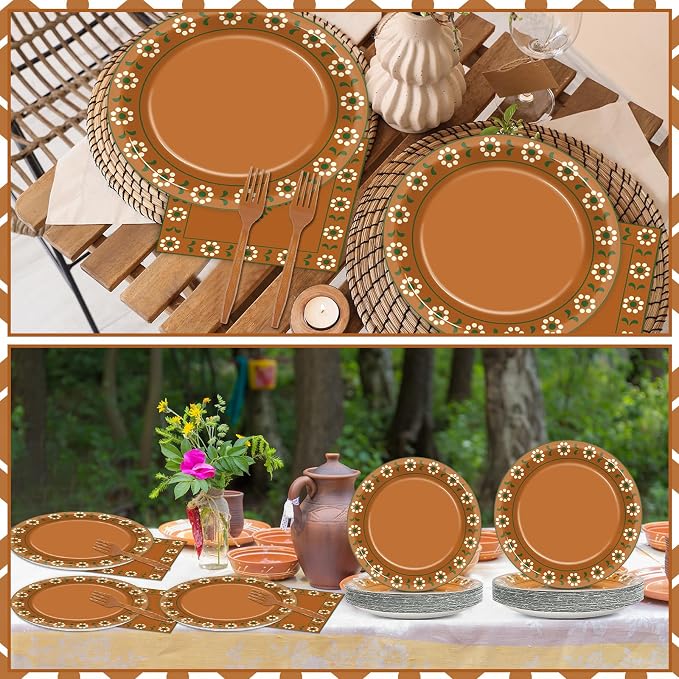 96Pcs Platos De Barro Mexicanos Paper Plates and Napkins Terracotta Flower Clay Pottery Party Decor Mexica Theme Tableware for 24 Guests Fiesta Birthday Wedding Baby Shower Party Supplies