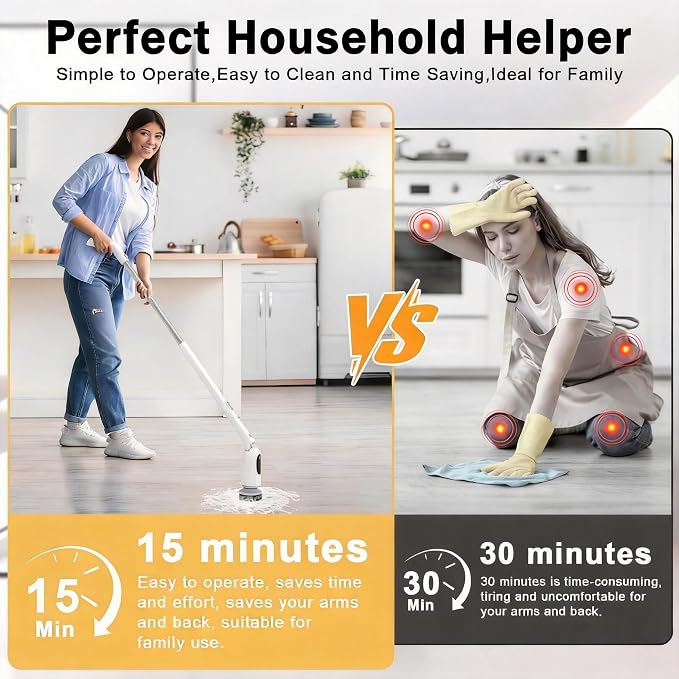 Electric Spin Scrubber, Cordless Power Scrubber with Adjustable Long Handle, 3 Speeds with IPX7 Bathroom Scrubber, 8 Brush Heads, Electric Cleaning Brush for Bathroom/Kitchen/Bathtub/Crack/Floor/Car