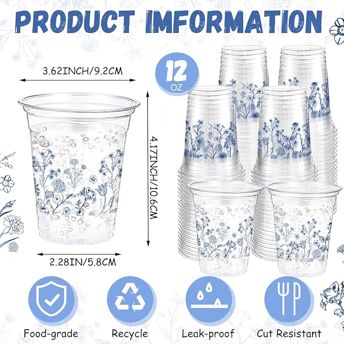 Jingmore 100 Pcs Flower Plastic Cups 12 oz Floral Wildflowers Disposable Clear Drinking Cups Bulk for Summer Spring Wedding Baby Shower Birthday Party Decorations Supplies(Blue Floral,Blue)