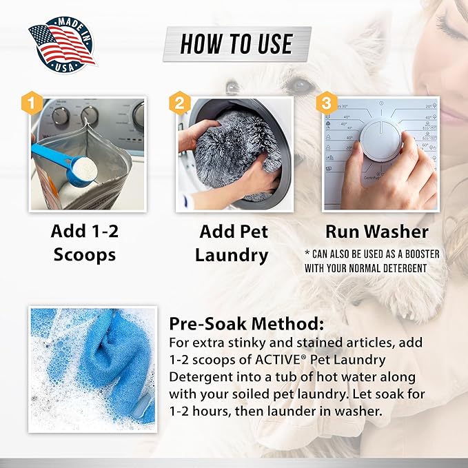 ACTIVE Pet Laundry Detergent and Washing Machine Cleaner Tablets - Includes 2lb Pet Odor Detergent Powder and 24ct Washing Machine Cleaning Tablets
