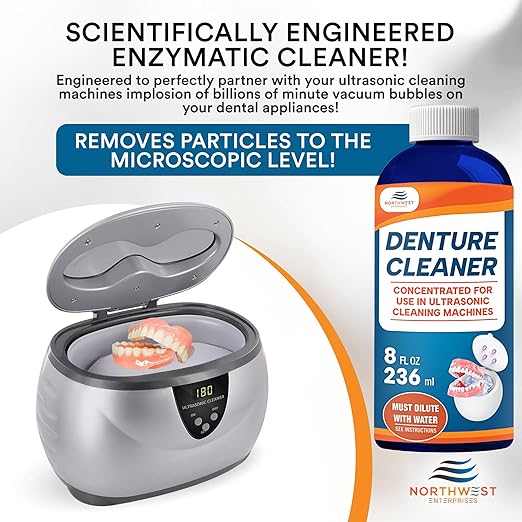Ultrasonic Denture Cleaner - Denture Cleaner for All Types of Dentures - Denture Cleaning Solution Removes Stains, Plaque, Grime, and Build-up (8 Ounces)