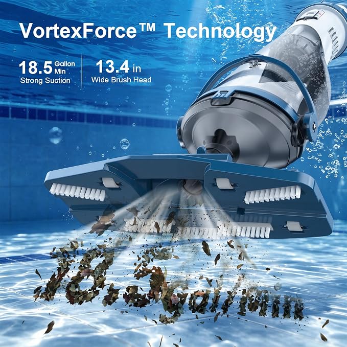 COWSAR Pool Vacuum for Above Ground Pool, VortexForce™ Technology 18.5GPM Strong Suction, 60 Min Runtime Cordless Pool Vacuum with 13.4" Wide Head & 59” Telescopic Pole for Pools/Spas/Hot Tubs, Blue