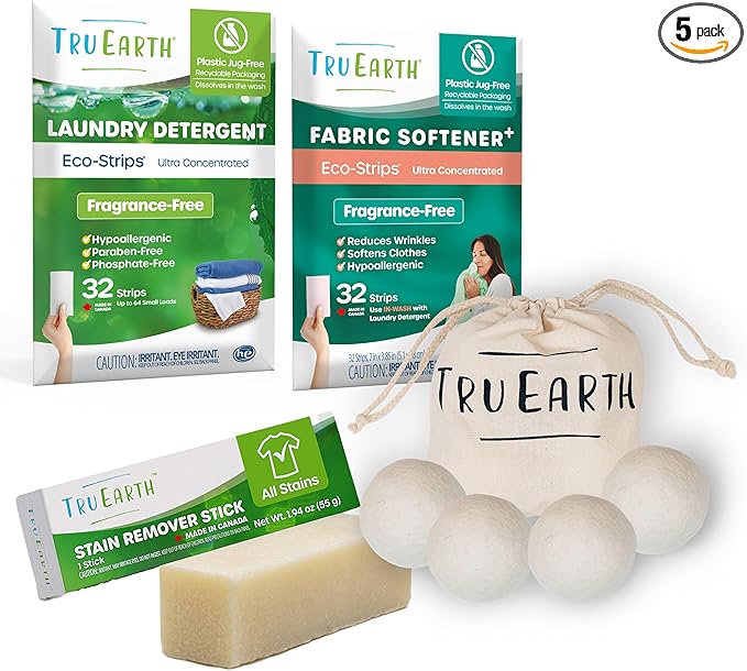 Tru Earth Laundry Essentials Bundle - Laundry Detergent Bundles Set with Fabric Softener, Laundry Sheets, Stain Remover Stick and Dryer Balls - Fragrance Free