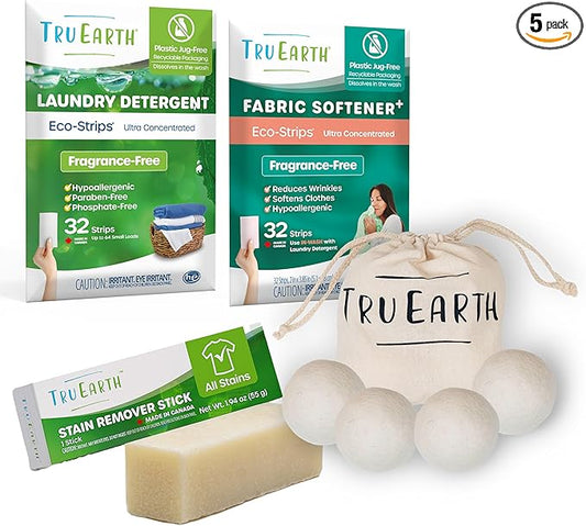 Tru Earth Laundry Essentials Bundle - Laundry Detergent Bundles Set with Fabric Softener, Laundry Sheets, Stain Remover Stick and Dryer Balls - Fragrance Free