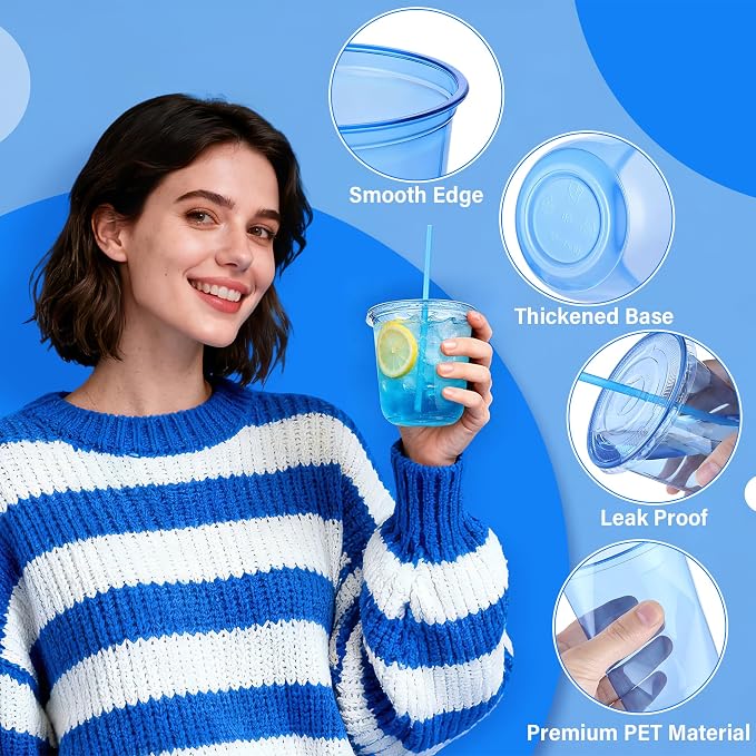 KesaPlan 50 Pack 12 oz Blue Plastic Party Cups with Lids & Straws, Disposable Iced Coffee Cup with Lids, Round Bottom Drinking Cups for Cocktail Cold Beverages Birthday Wedding Picnics Party Supplies