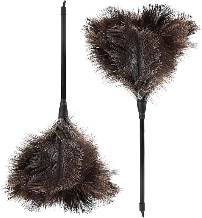 Natural Ostrich Feather Duster 14.9 inch Fluffy Mini Dusters with Plastic Handheld for Cleaning Car Keyboard Office 2 PCS