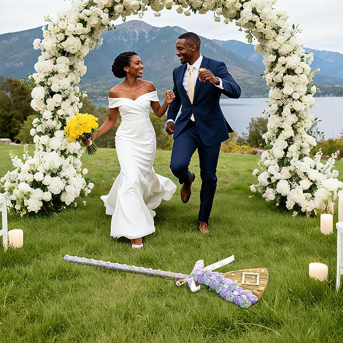 Wedding Broom for Jumping Ceremony, 40 Inch Jump the Broom Kit for African American Wedding, DIY Decoration Set with Velvet Roses, Crystals, Purple Silver