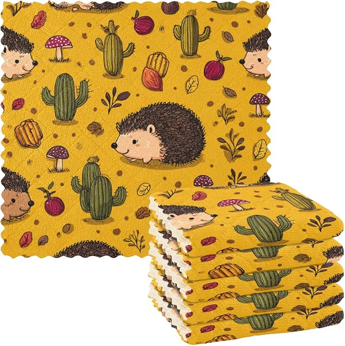 Hedgehogs Cactus Orange Kitchen Towels Dish Cloths Set of 6 Microfiber Cleaning Cloths for Cars Super Absorbent Machine