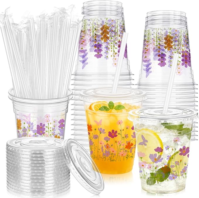 Vesici 100 Pcs Floral Plastic Cups 12 oz Floral Botanical Clear Spring Disposable Cups with Lid and Straws for Spring Summer Birthday Wedding Bridal Baby Shower Party Supplies(Butterfly)