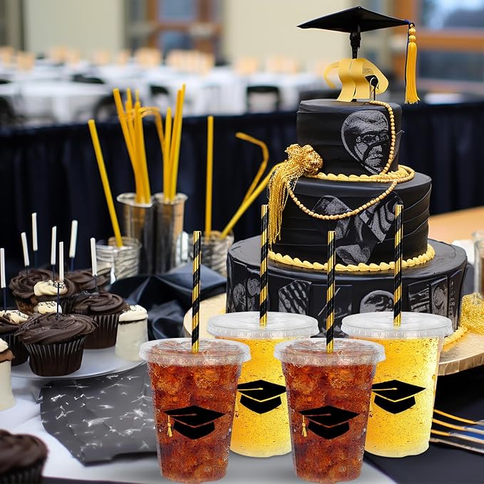 Whaline 50Pcs 12Oz Graduation Disposable Plastic Cups with Lids and Straws Black Graduation Cap Cold Beverage Drinking Cups for Congrats Grad Party Supplies