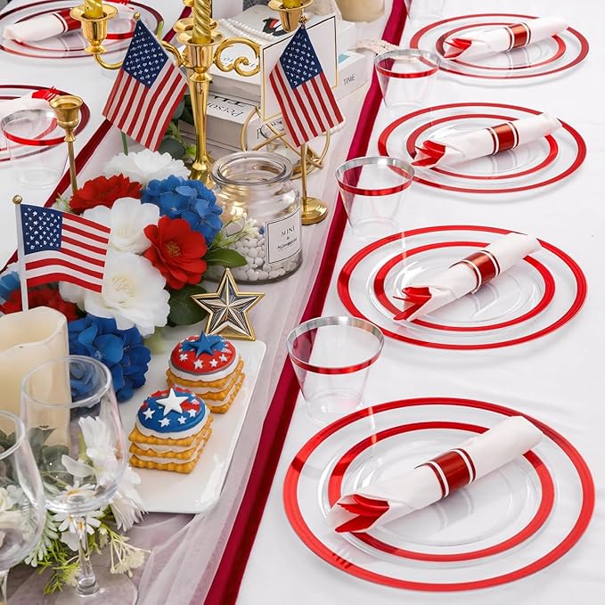 Liacere 350PCS Clear and Red Plastic Plates and Napkins for 50Guests Plastic Dinnerware Set-100 Red Disposable Plates 50 Pre Rolled Silverware Set,50 Cups for Party & Wedding & 4th of July