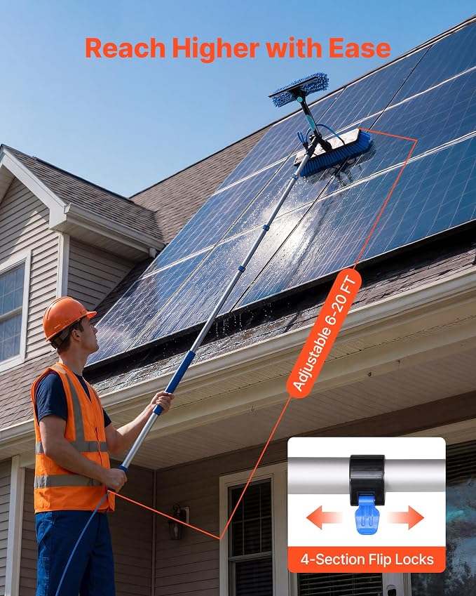 VEVOR Solar Panel Cleaning Kit, 20 ft, Water Fed Pole Kit with Cleaning Brush, Soap Dispenser, Extendable Aluminum Telescopic Pole, 180° Rotatable Brush Head, for Roof Mounted Solar Panels, Windows
