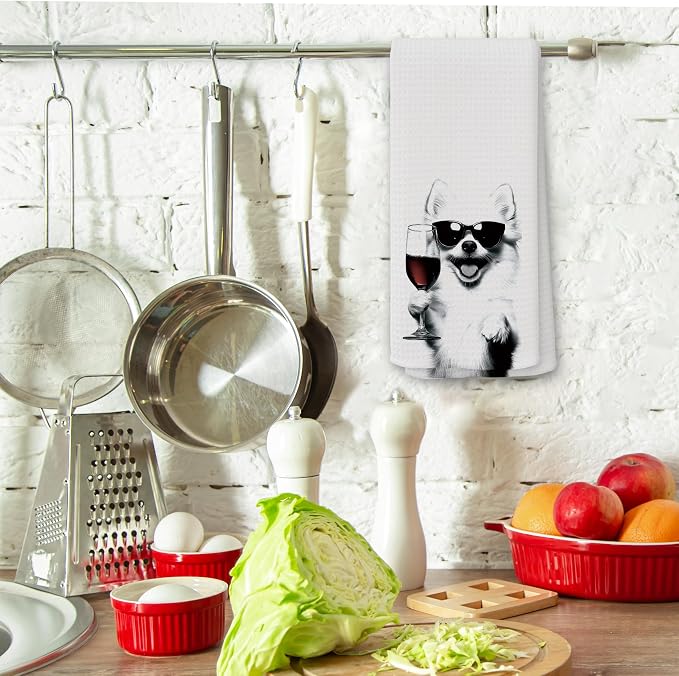 Funny Pomeranian Wine Kitchen Towels, Gifts for Dog Wine Lovers, Bar Accessories Dish Tea Towels for Kitchen, Dog Owners Housewarming Gift Decorative Hand Towel 16x24 Inch